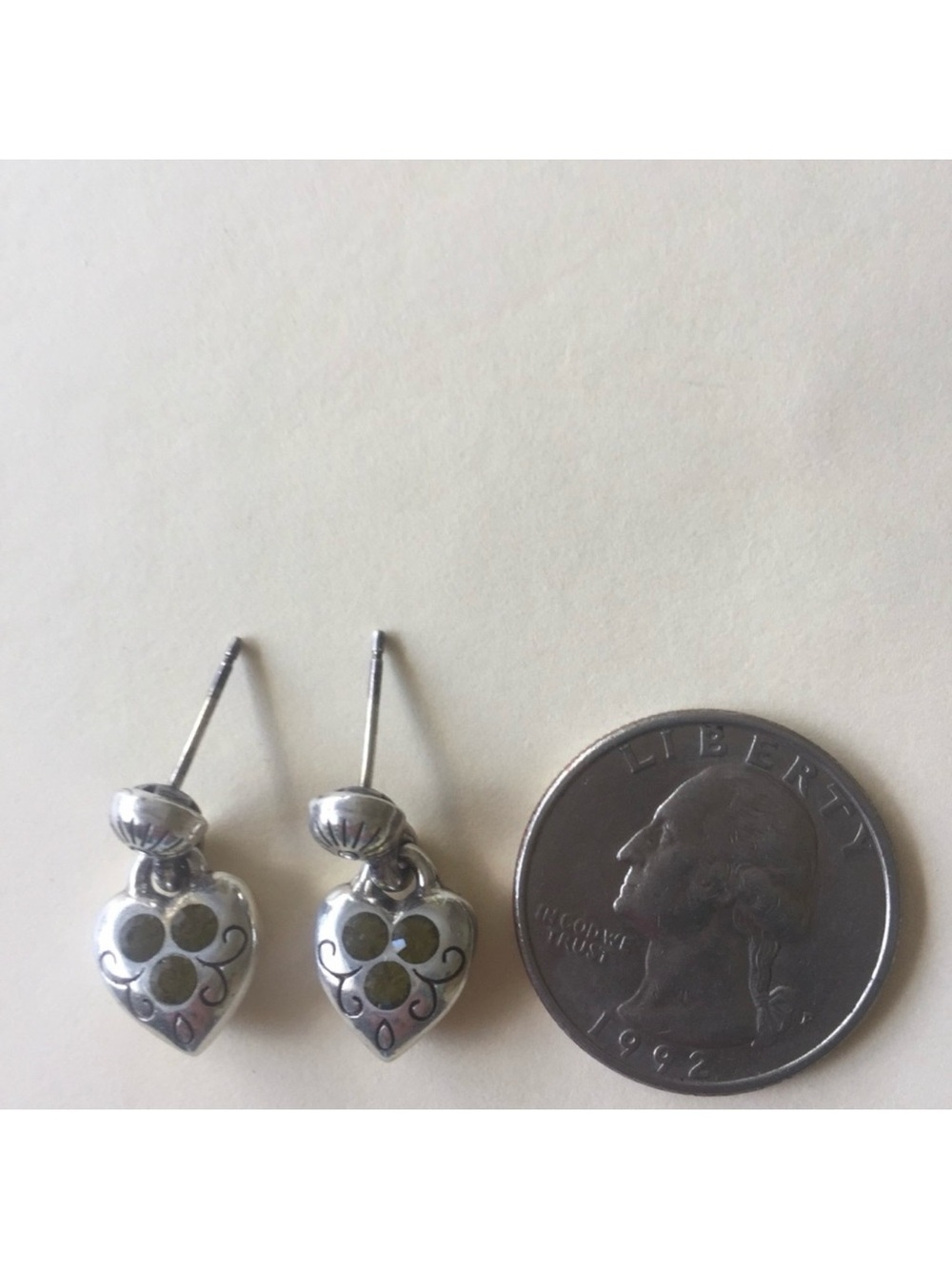 BRIGHTON EARRINGS HEARTS GREEN CRYSTALS SILVER TONE STUDS DROP